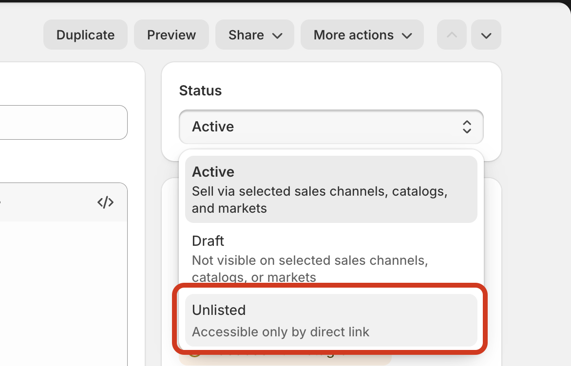 Unlisted product status on Shopify