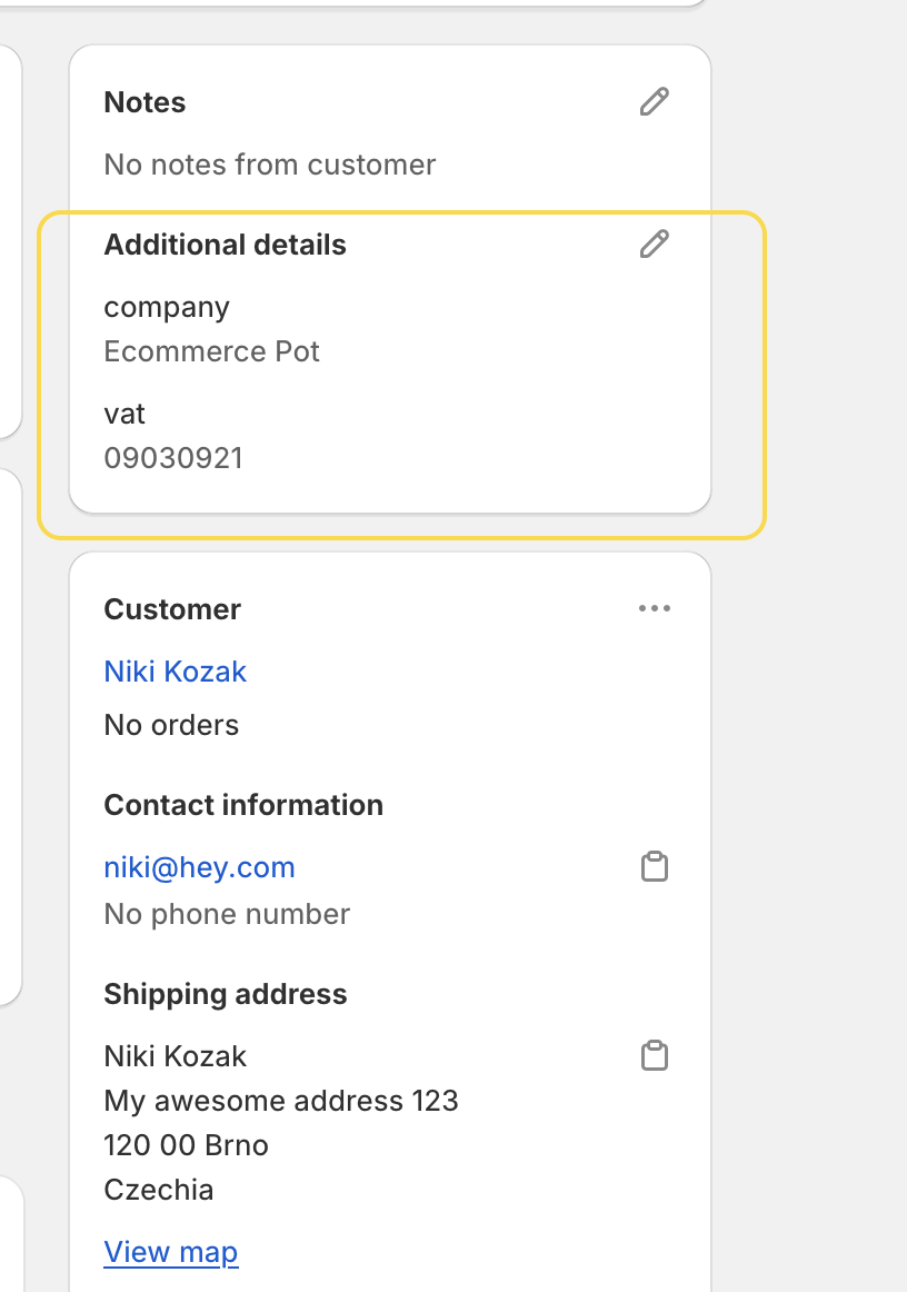 Company and VAT ID displayed in the order details on Shopify – cart attributes
