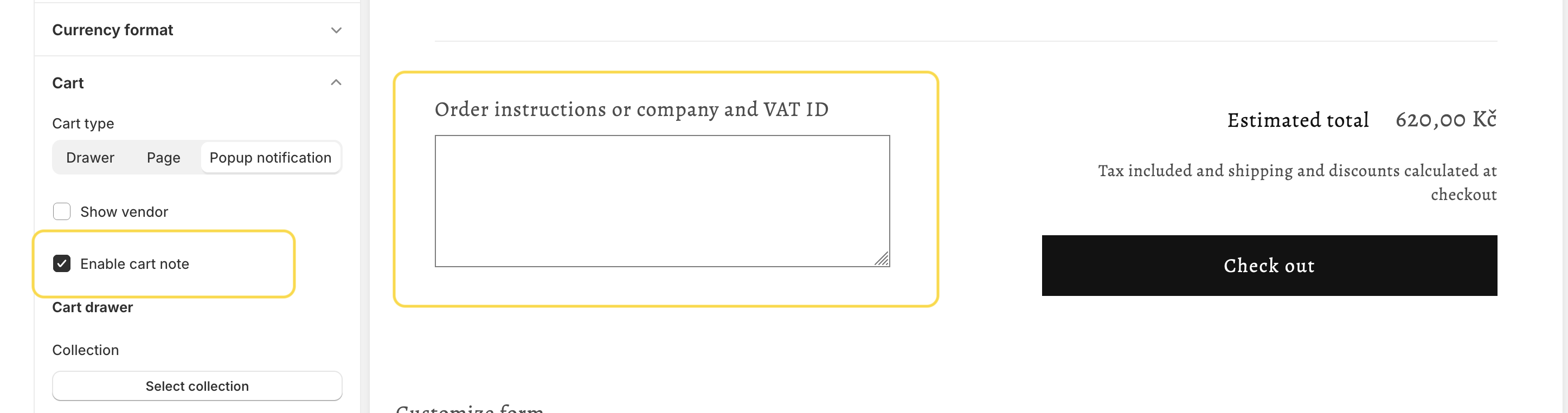 Adjusting cart note information for customers to add company name and VAT ID