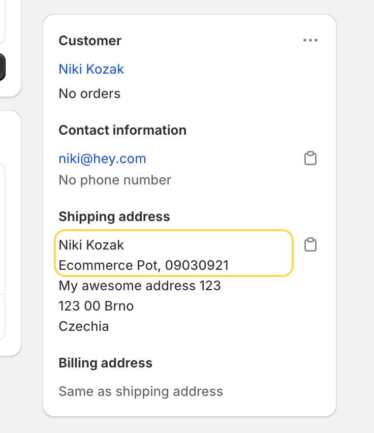 Company and VAT ID displayed in the order details on Shopify – company field in the checkout